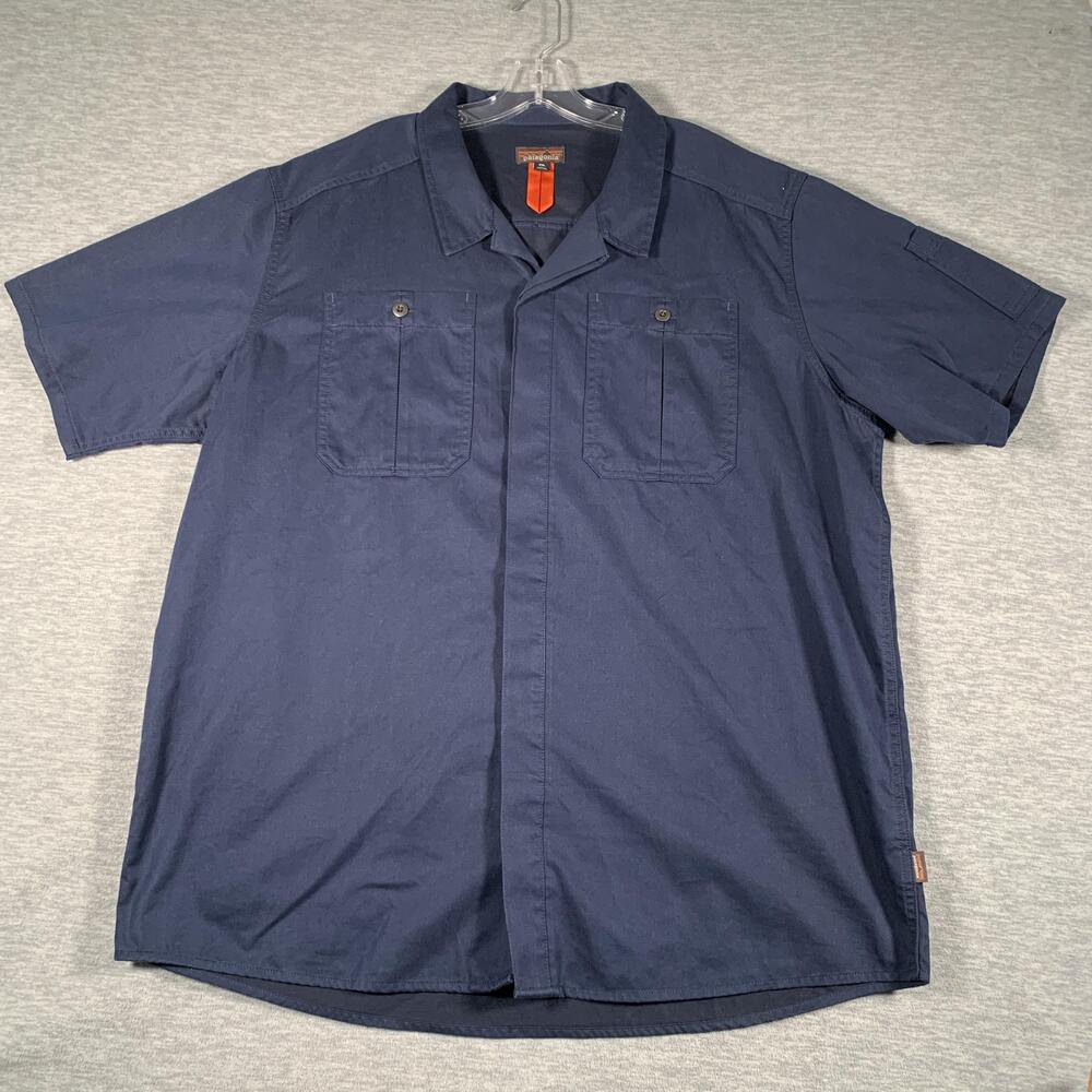 Patagonia Shirt Mens 2XL Blue Solid Short Sleeve Workwear Shop Hemp Blend